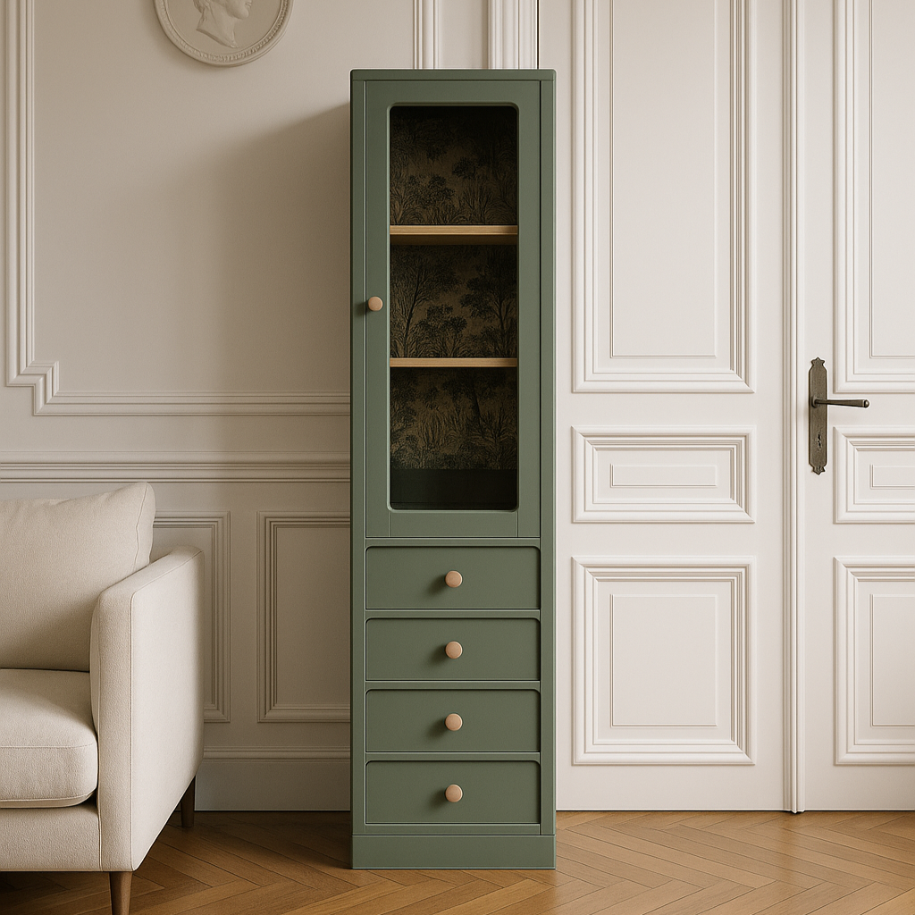 Vitrine haute rénovée – Vert Treillis Libéron, porte vitrée & 4 tiroirs – VENDU