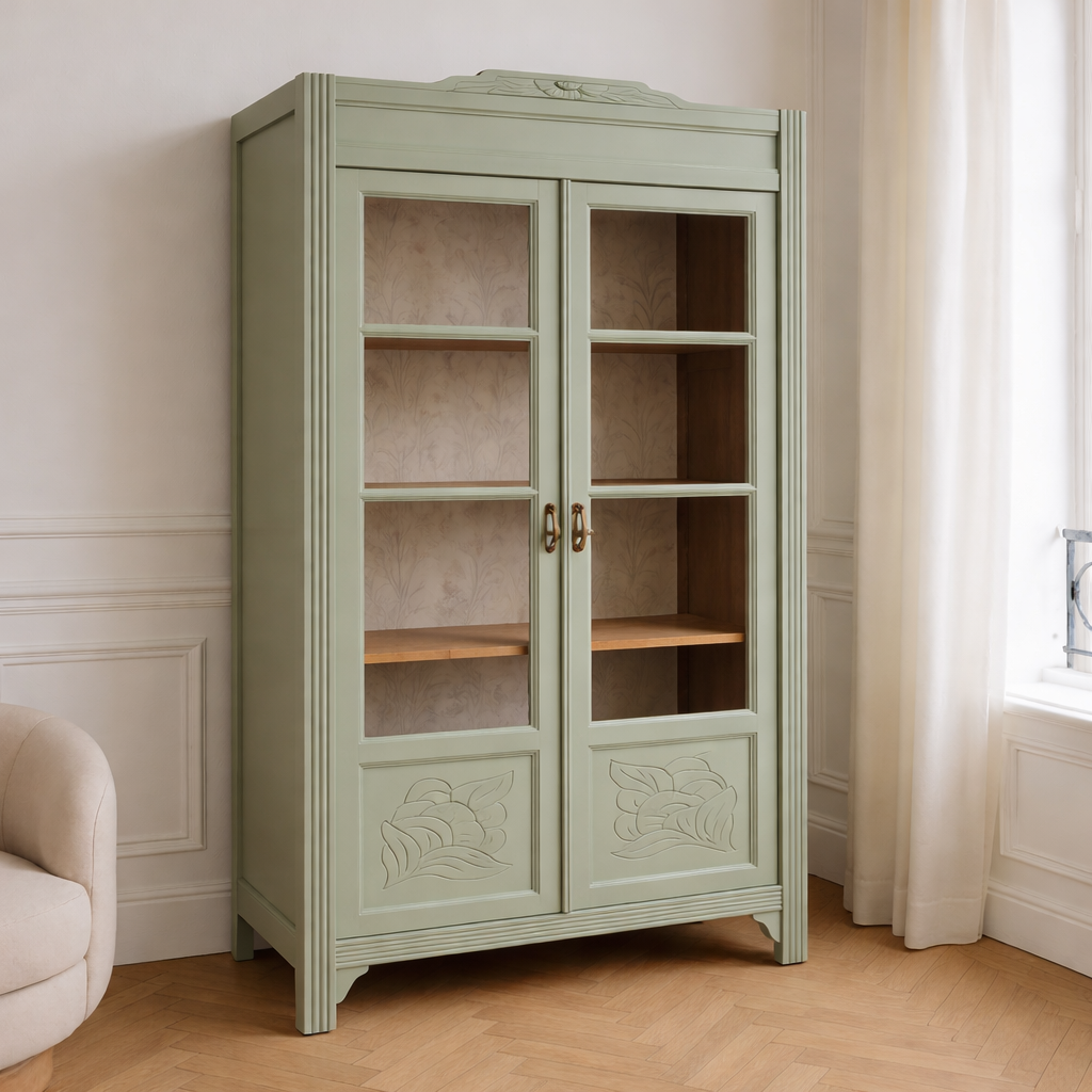 Vitrine ancienne rénovée – Vert sauge 4MURS & portes vitrées sculptées – VENDU