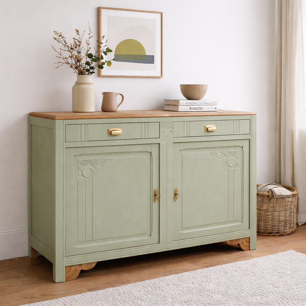 Buffet Art Déco rénové – Vert Lézard Pure & Paint, plateau bois naturel & laiton – Projet sur mesure