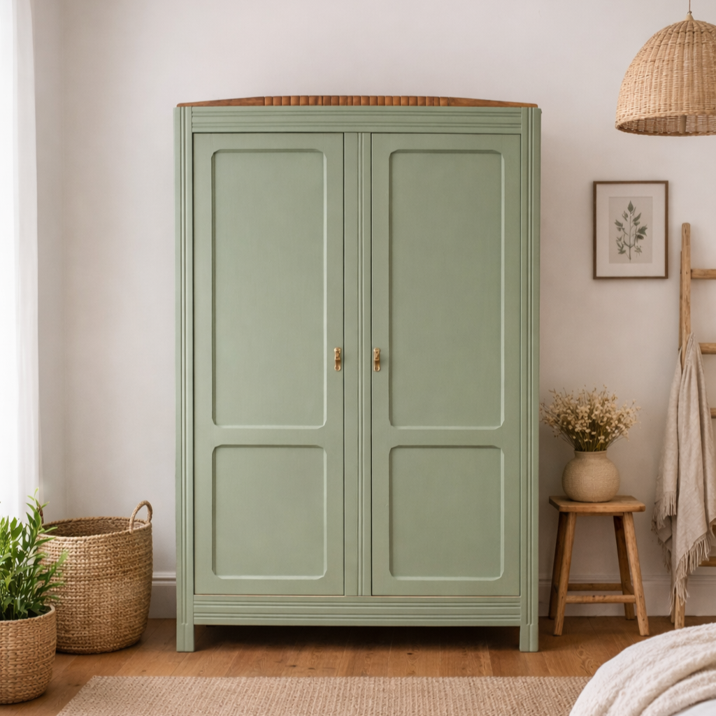 Armoire parisienne rénovée – Vert sauge 4MURS, fronton bois & fond papier peint végétal – VENDU