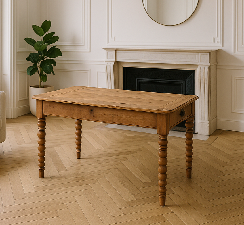 Table ancienne rustique bois massif – Pieds tournés & rallonge – VENDU