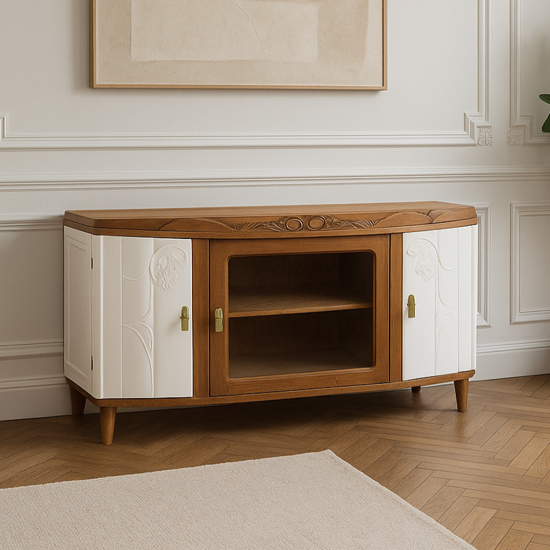 Buffet Art Déco rénové – Blanc bouleau, bois brut & porte vitrée centrale – Projet sur mesure