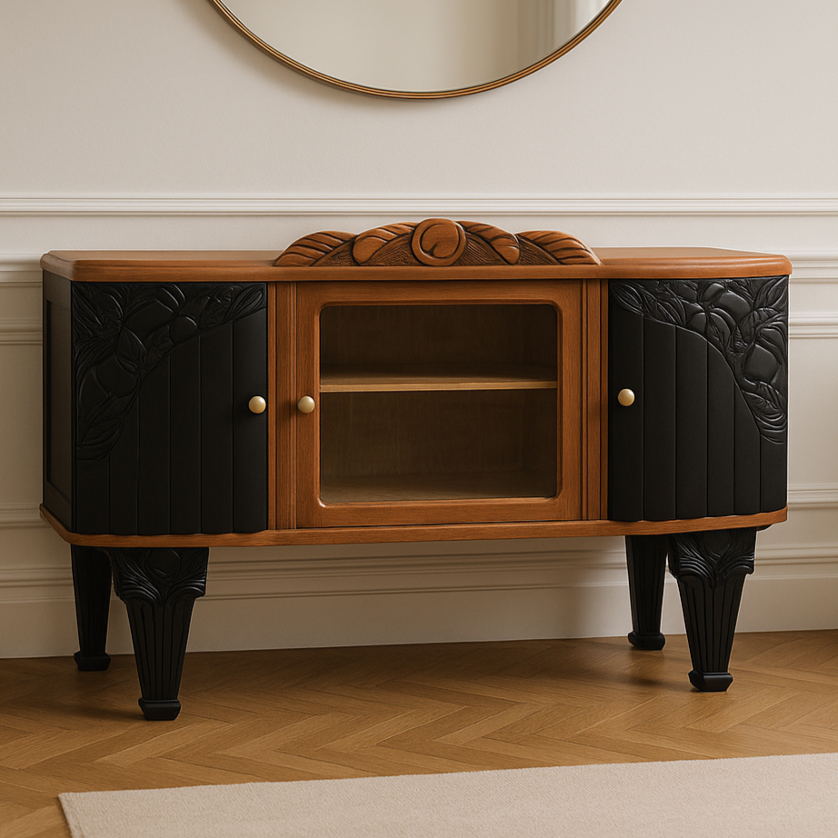 Buffet Art Déco rénové – Bois naturel & portes sculptées noir mat – VENDU