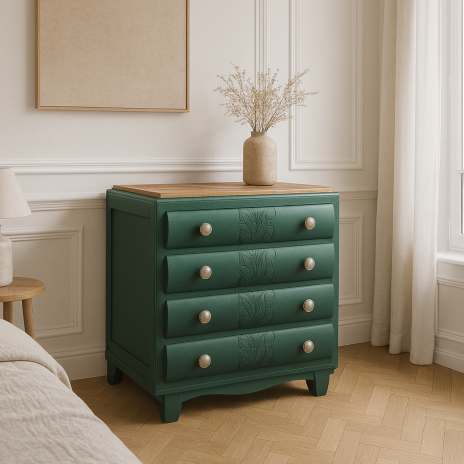 Commode ancienne rénovée – Vert profond & plateau bois naturel huilé – VENDU