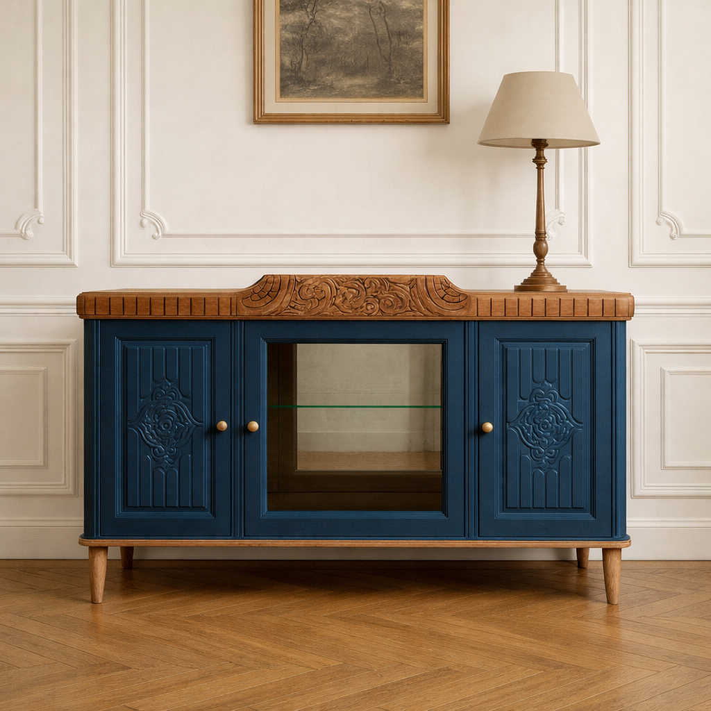 Buffet ancien rénové – Bleu des Vosges Libéron, fronton sculpté & porte vitrée miroir – VENDU