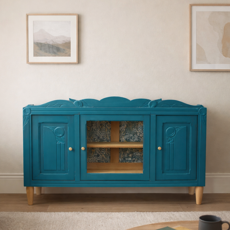 Buffet ancien rénové – Bleu pétrole V33, galerie sculptée & porte vitrée centrale – VENDU