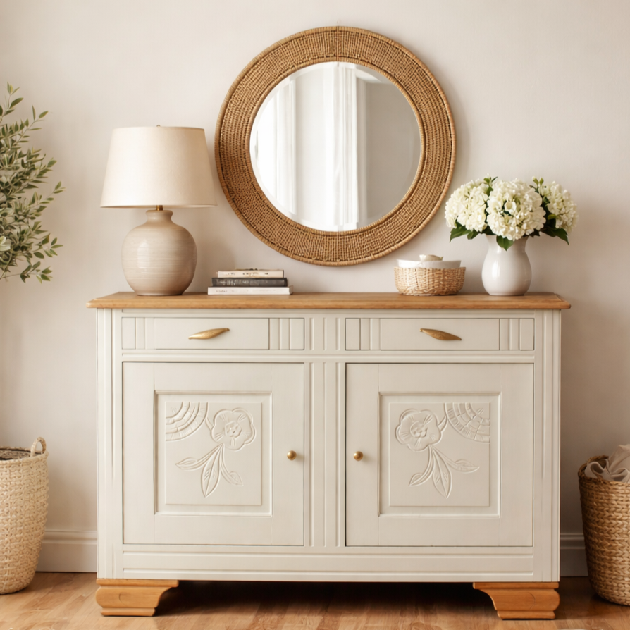 Buffet chêne massif rénové – Beige Glaise Ripolin, décor floral sculpté & plateau chêne brut – VENDU