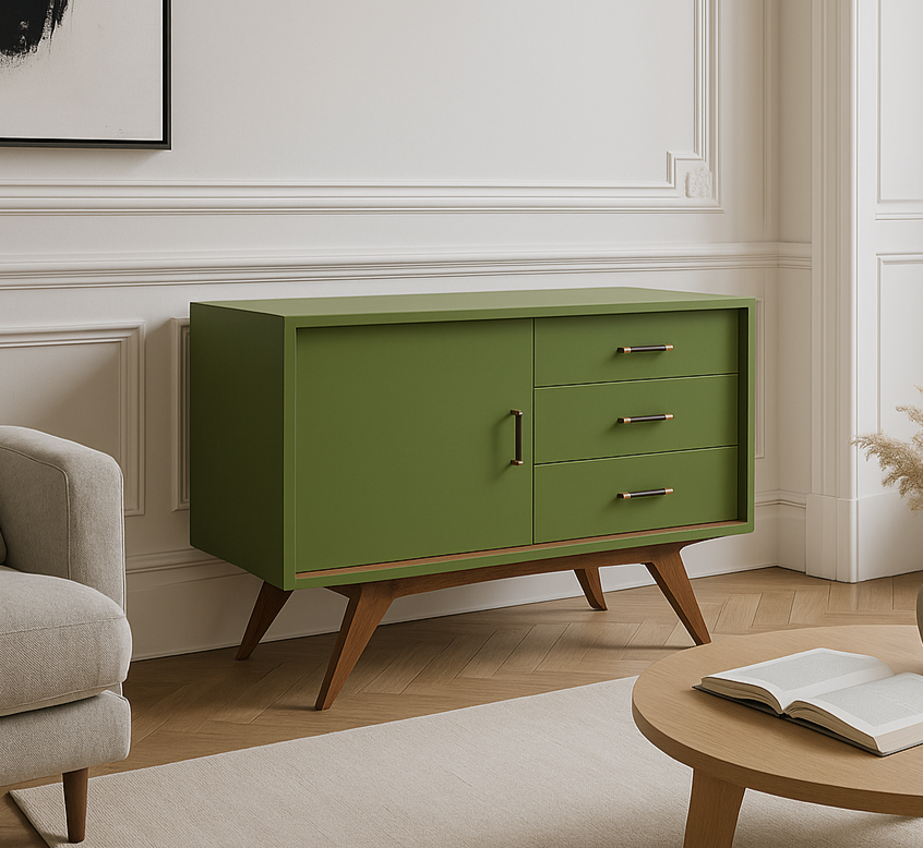 Buffet mid-century rénové – Vert Herbarium Libéron & piètement compas – VENDU