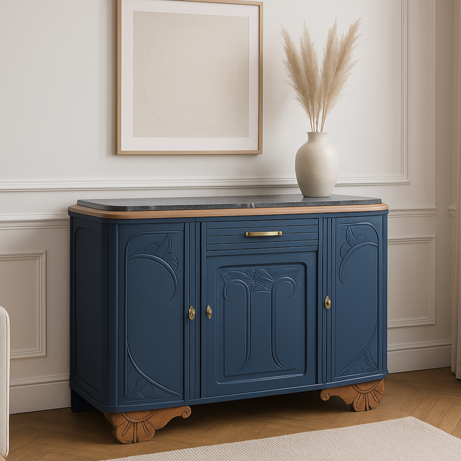 Buffet Art Déco rénové – Bleu nuit, marbre noir & pieds sculptés – VENDU