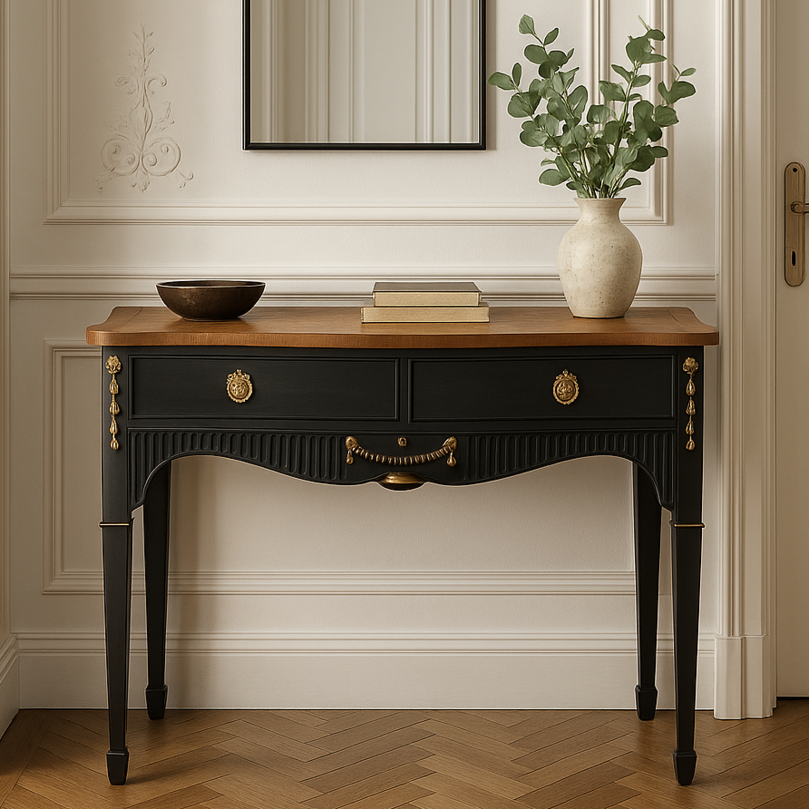 Console ancienne rénovée – Noir velours, dorures à la main & plateau bois – VENDU