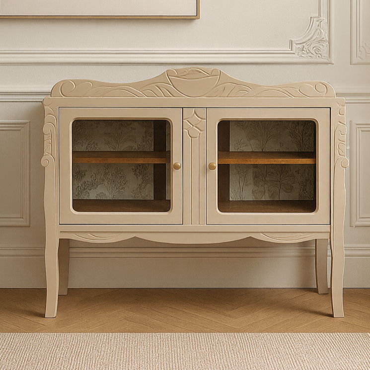 Petit buffet vitrine rénové – Beige Quai de Seine Libéron & fronton sculpté – VENDU