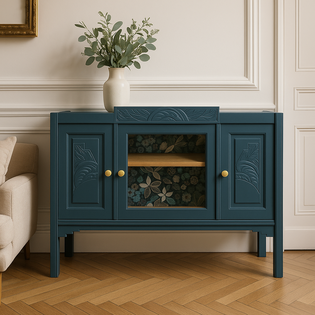 Buffet Art Déco rénové – Bleu des Vosges Libéron & papier peint floral – VENDU