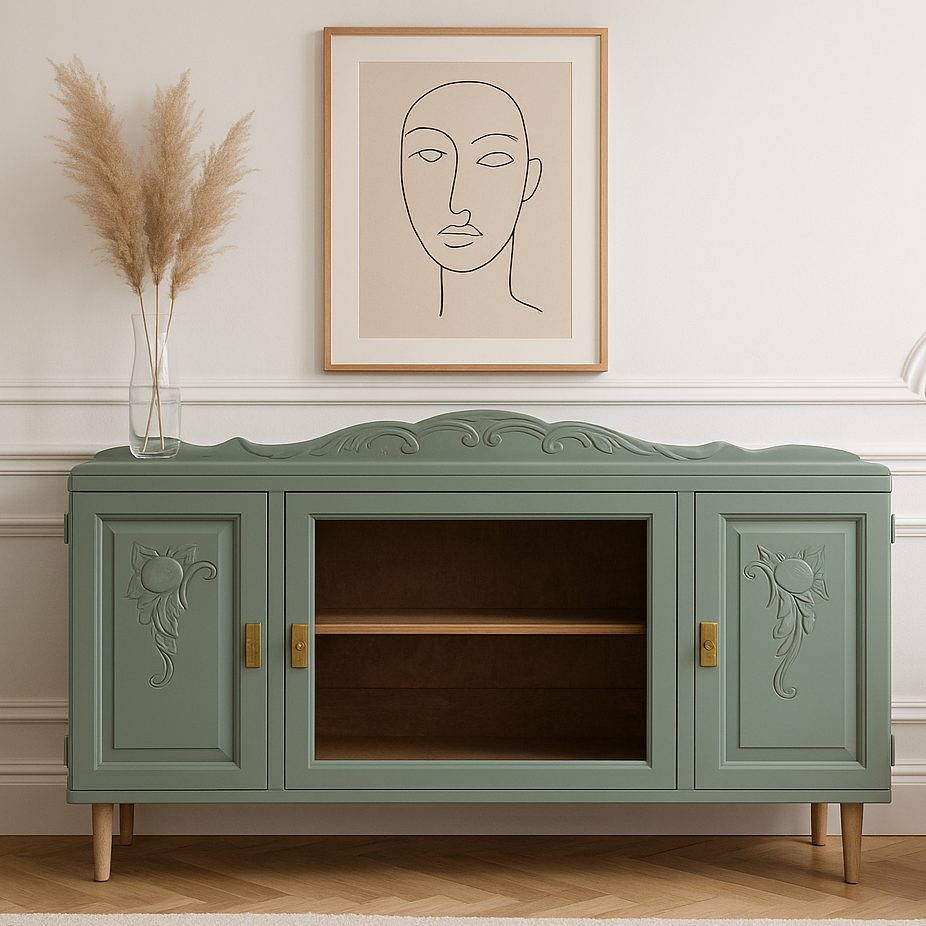 Buffet ancien rénové – Kaki 4Murs, pieds coniques & motifs sculptés – VENDU
