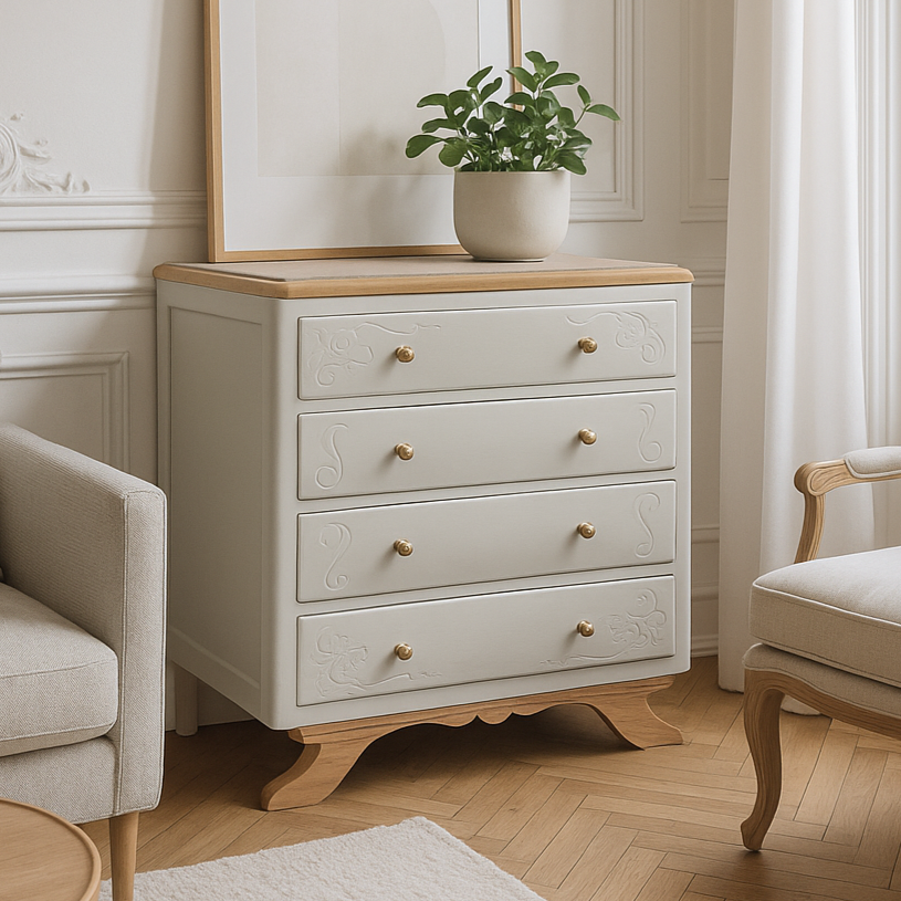 Commode ancienne rénovée – Bouleau Pure & Paint & plateau marbre beige – VENDU