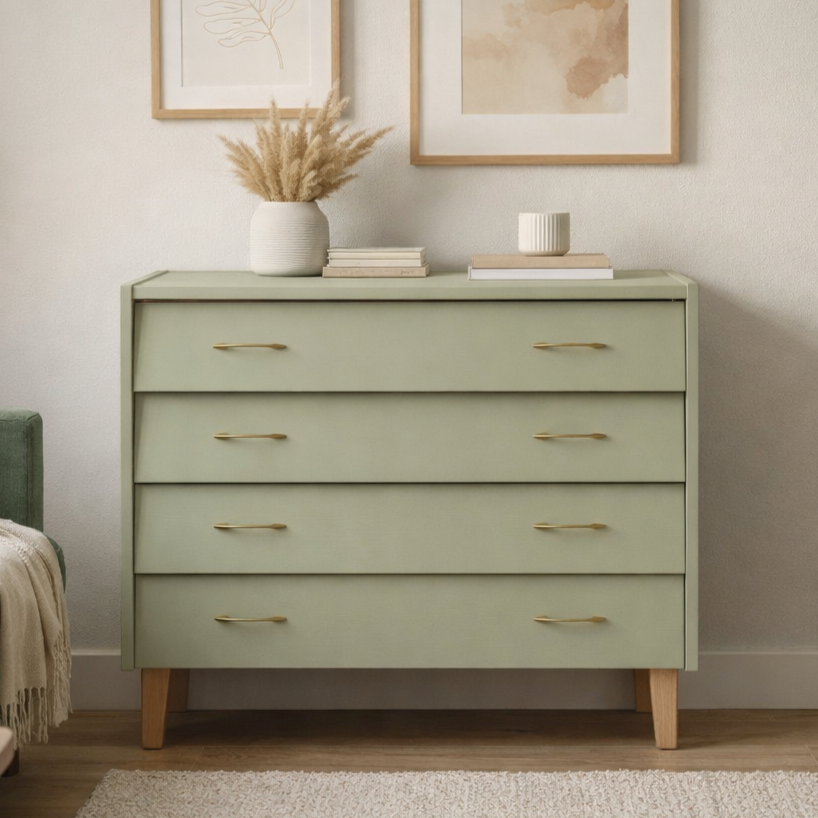 Commode mid-century rénovée – Vert Lézard Pure & Paint & piétement bois naturel – VENDU