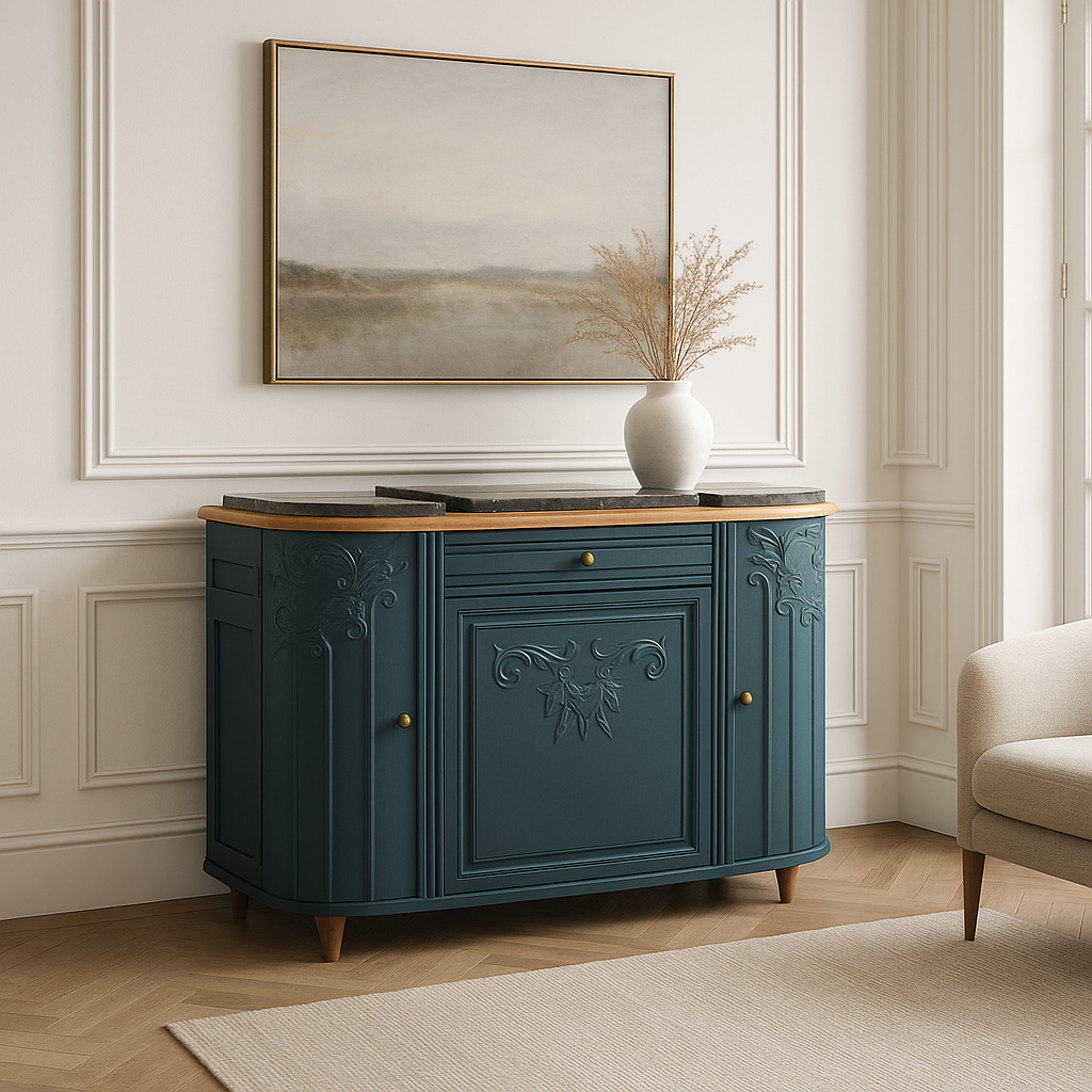 Buffet Art Déco rénové – Bleu des Vosges Libéron & triple plateau marbre noir – VENDU