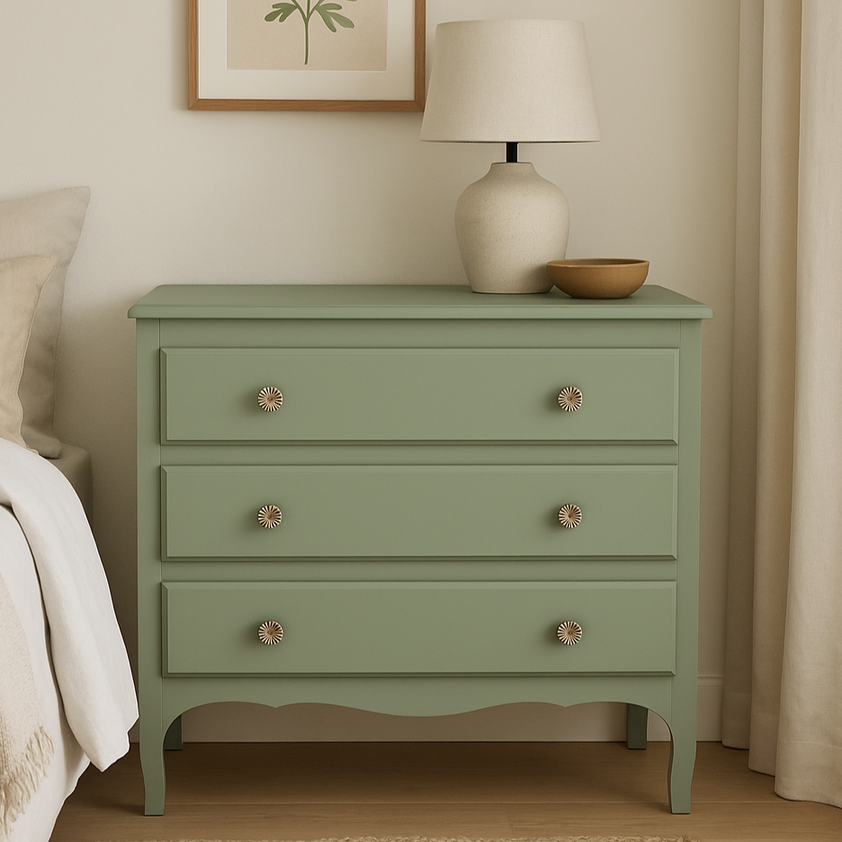 Commode rénovée – Vert sauge 4Murs, poignées solaires & intérieur fleuri – VENDU