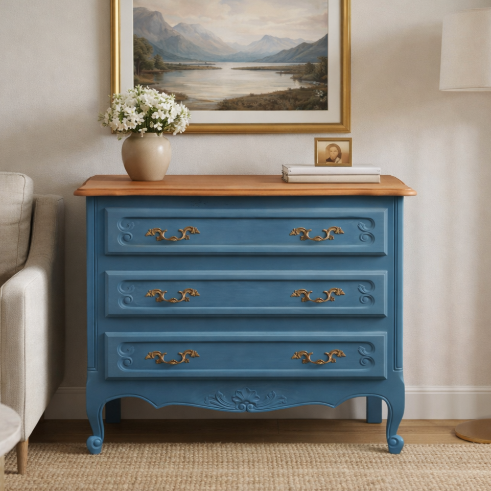 Commode ancienne rénovée – Bleu Batik V33 Easy Rénov & plateau bois naturel – VENDU