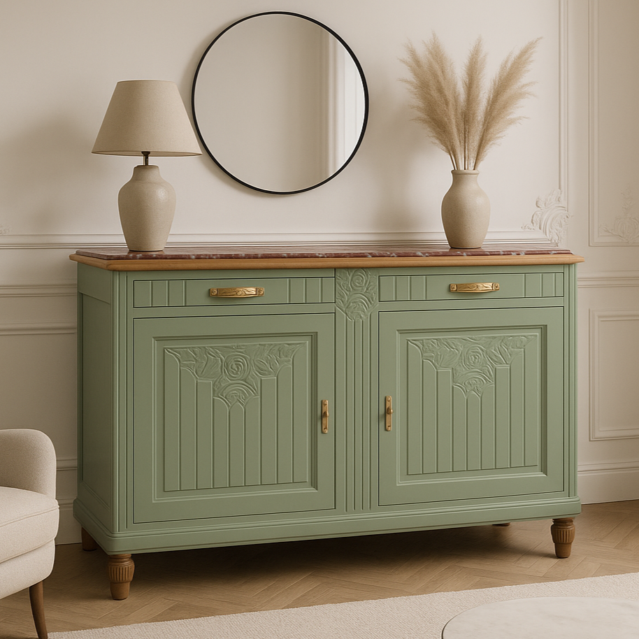 Buffet Art Déco rénové – Vert Lézard Pure & Paint & plateau marbre rouge veiné – VENDU