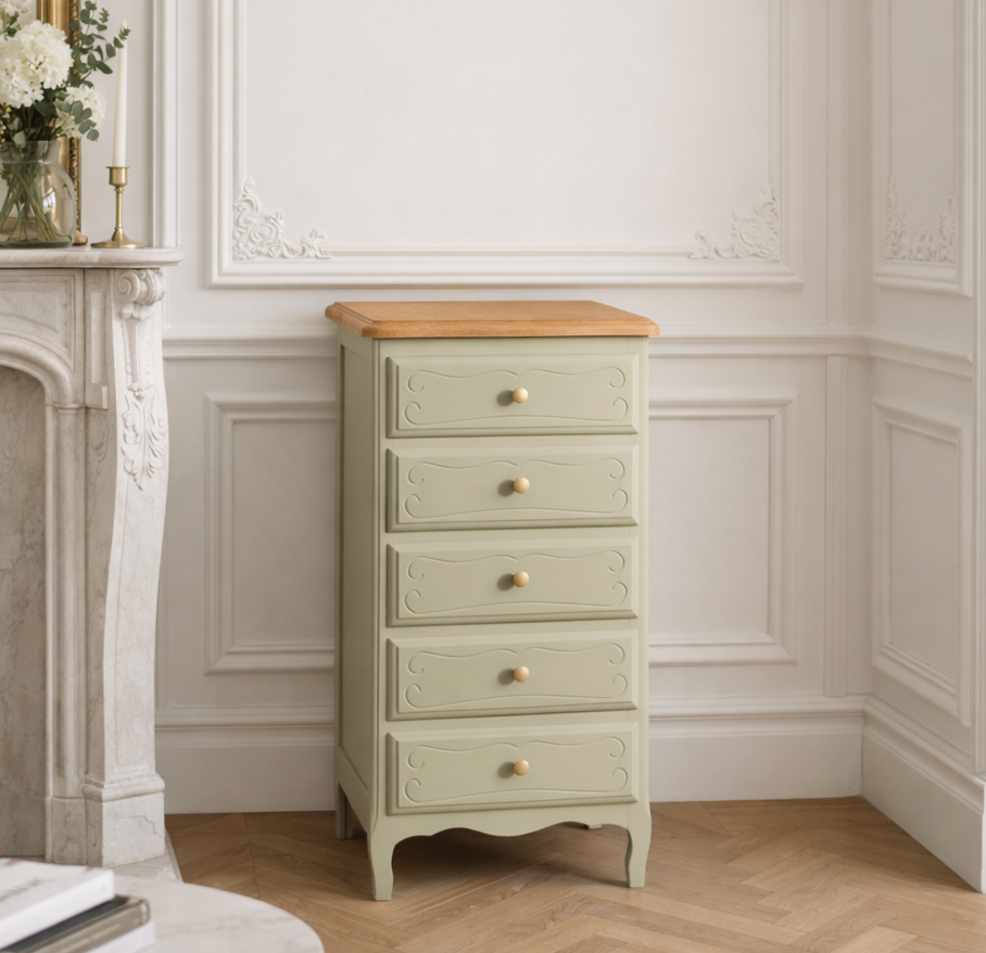 Chiffonnier 5 tiroirs rénové – Vert Lézard Pure & Paint & plateau bois naturel – VENDU