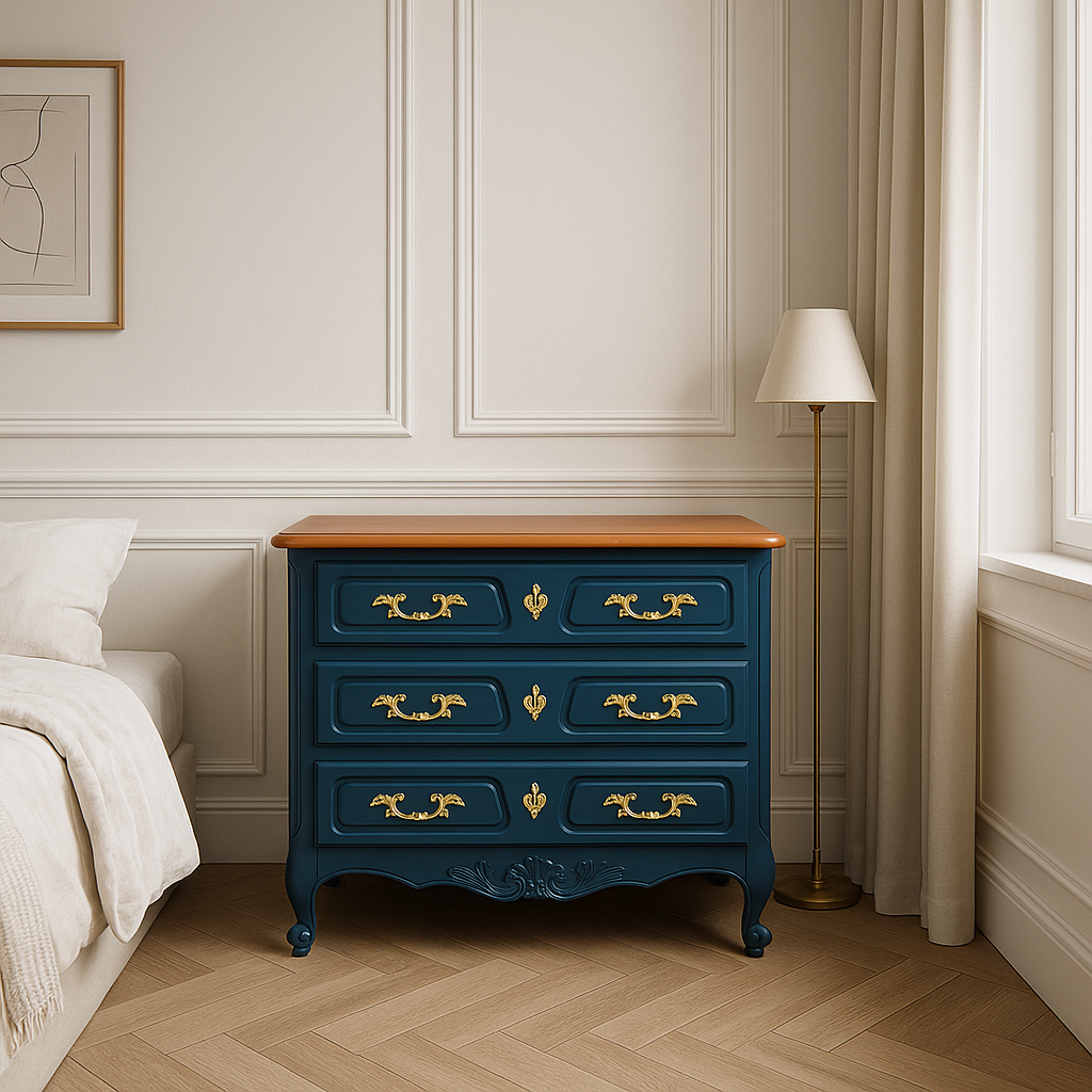 Commode ancienne rénovée – Bleu des Vosges Libéron & plateau bois naturel – VENDU