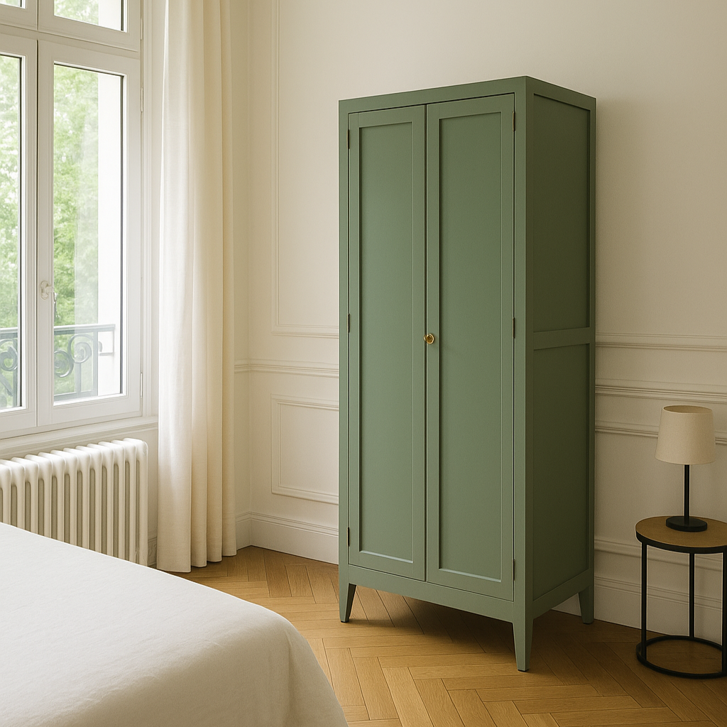 Armoire ancienne rénovée – Vert Treillis Libéron & intérieur végétal – VENDU