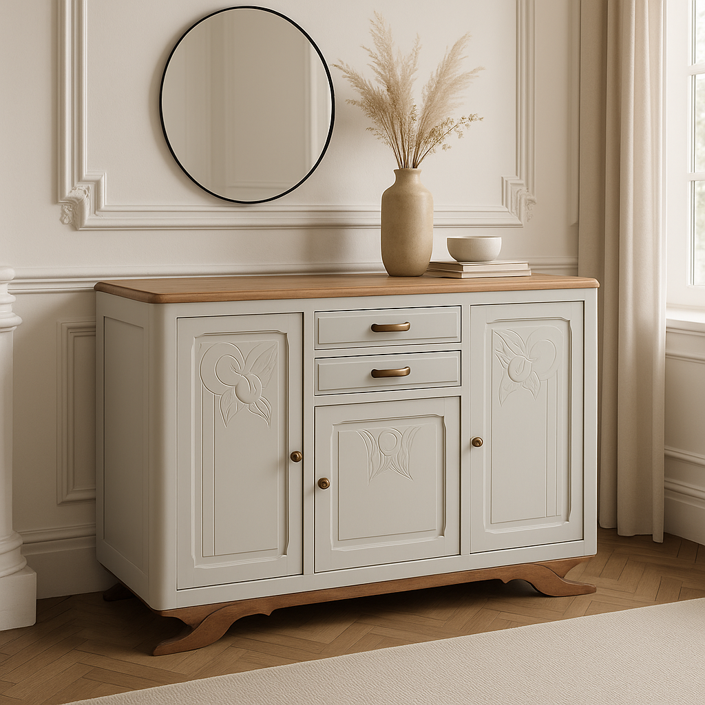 Buffet ancien restauré – Beige Troublant Nuances Velours, plateau bois clair & intérieur botanique – VENDU