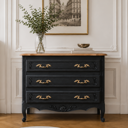 Commode style Louis XV noire et plateau bois naturel – 3 tiroirs