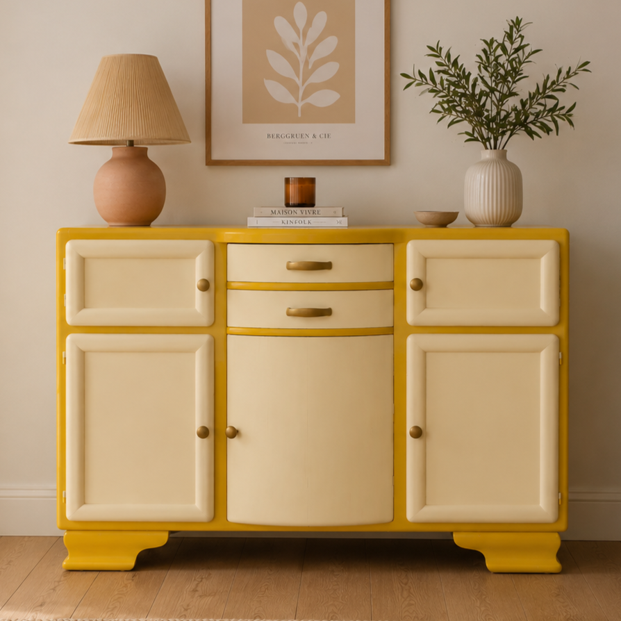 Buffet Mado vintage relooké jaune moutarde & crème – Années 50