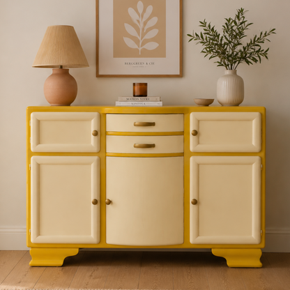 Buffet Mado vintage relooké jaune moutarde & crème – Années 50