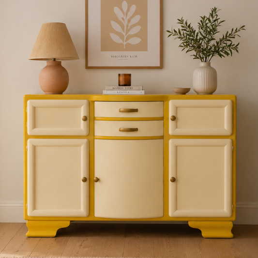 Buffet Mado vintage relooké jaune moutarde & crème – Années 50