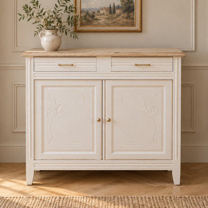Buffet parisien ancien Art déco rénové – Blanc ivoire et plateau bois – 110 cm