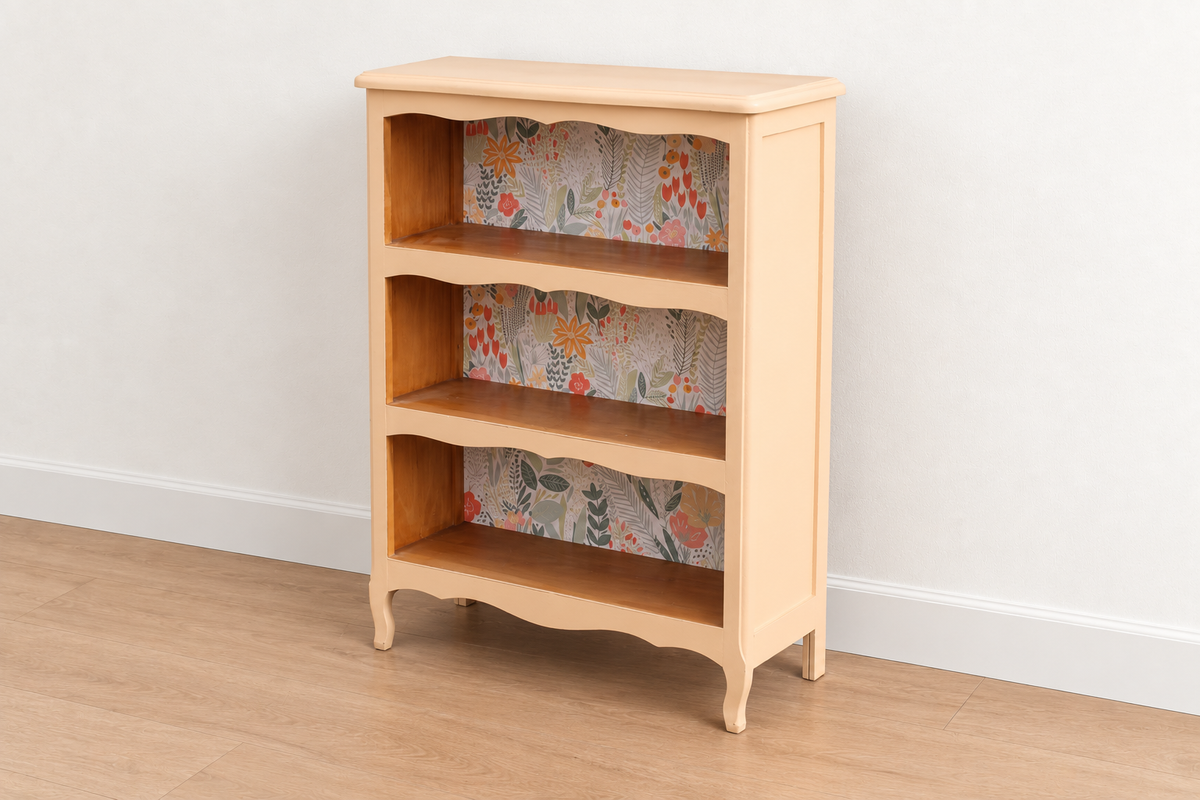 Bibus vintage rénové pêche pastel – Petite bibliothèque à étagères et fond fleuri – H 100 cm