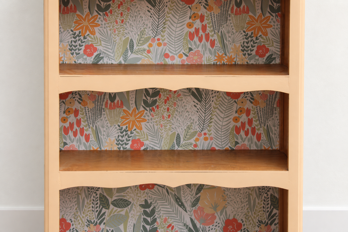 Bibus vintage rénové pêche pastel – Petite bibliothèque à étagères et fond fleuri – H 100 cm