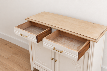 Buffet parisien ancien Art déco rénové – Blanc ivoire et plateau bois – 110 cm