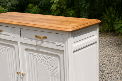 Buffet Art Déco rénové en bouleau – Plateau en chêne massif verni - VENDU