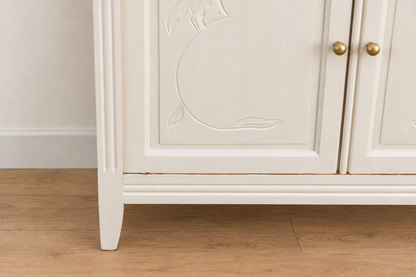 Buffet parisien ancien Art déco rénové – Blanc ivoire et plateau bois – 110 cm