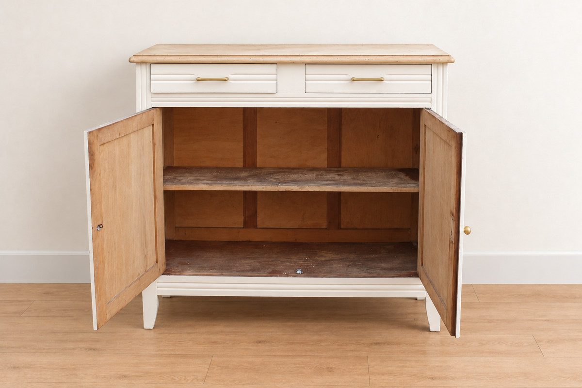 Buffet parisien ancien Art déco rénové – Blanc ivoire et plateau bois – 110 cm
