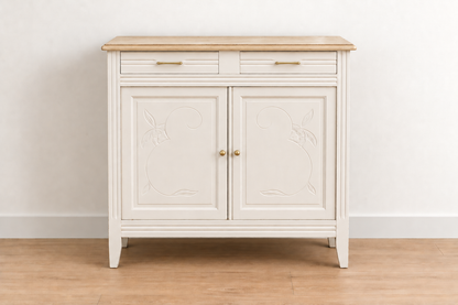 Buffet parisien ancien Art déco rénové – Blanc ivoire et plateau bois – 110 cm