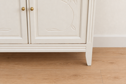 Buffet parisien ancien Art déco rénové – Blanc ivoire et plateau bois – 110 cm