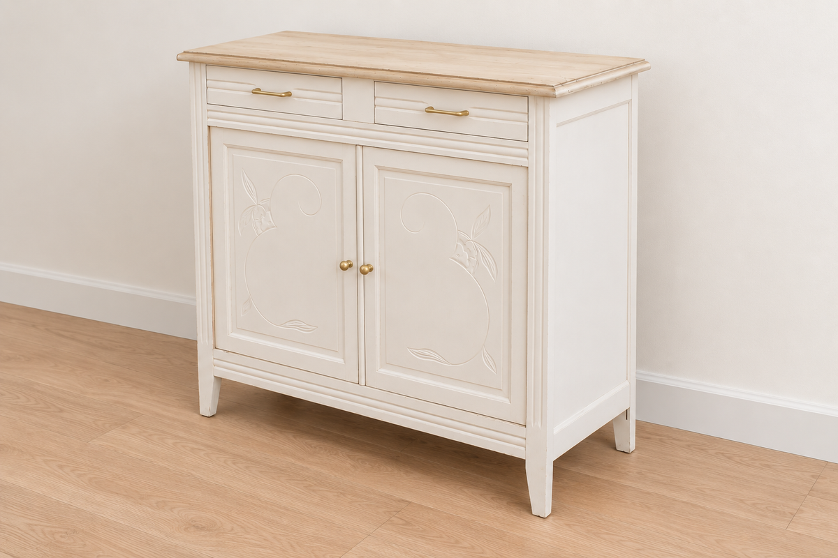 Buffet parisien ancien Art déco rénové – Blanc ivoire et plateau bois – 110 cm