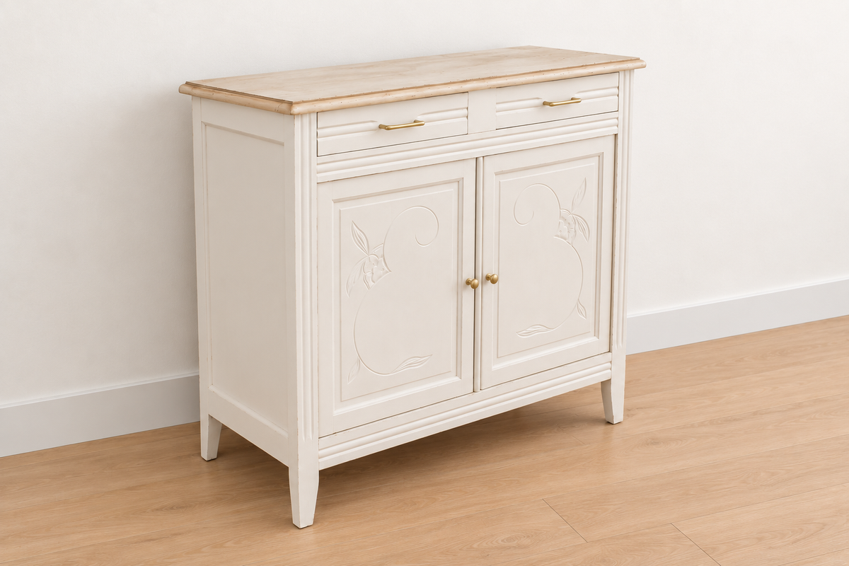 Buffet parisien ancien Art déco rénové – Blanc ivoire et plateau bois – 110 cm
