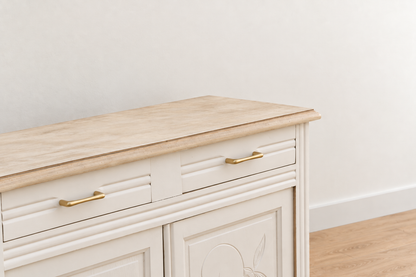 Buffet parisien ancien Art déco rénové – Blanc ivoire et plateau bois – 110 cm