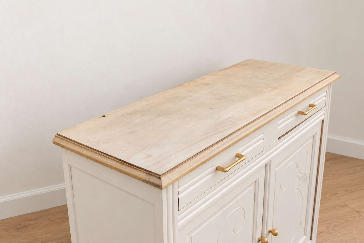 Buffet parisien ancien Art déco rénové – Blanc ivoire et plateau bois – 110 cm