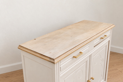 Buffet parisien ancien Art déco rénové – Blanc ivoire et plateau bois – 110 cm
