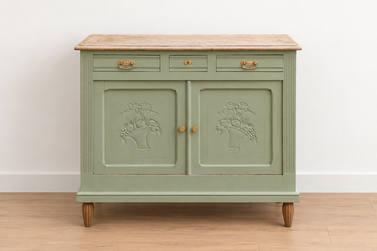 Buffet ancien style Art déco en chêne massif – Vert Lézard Pure & Paint et bois naturel – 121 cm