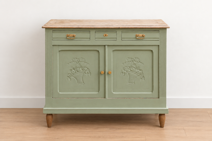 Buffet ancien style Art déco en chêne massif – Vert Lézard Pure & Paint et bois naturel – 121 cm