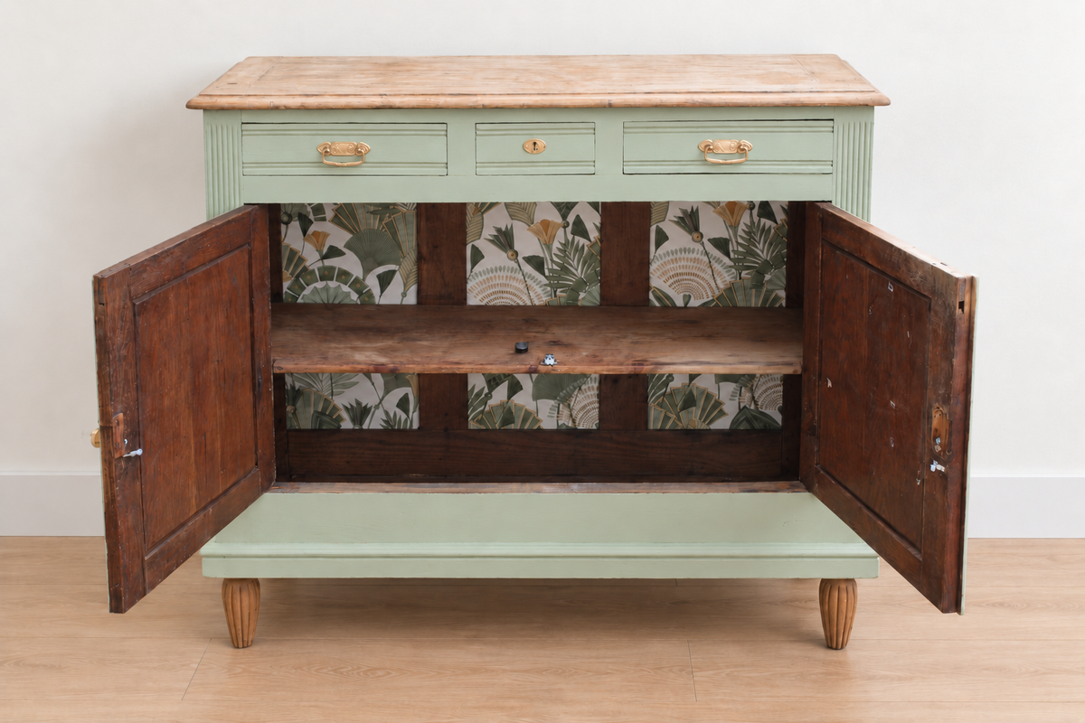 Buffet ancien style Art déco en chêne massif – Vert Lézard Pure & Paint et bois naturel – 121 cm