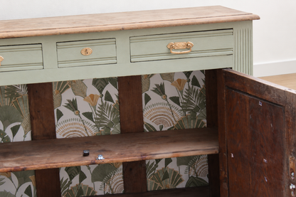 Buffet ancien style Art déco en chêne massif – Vert Lézard Pure & Paint et bois naturel – 121 cm