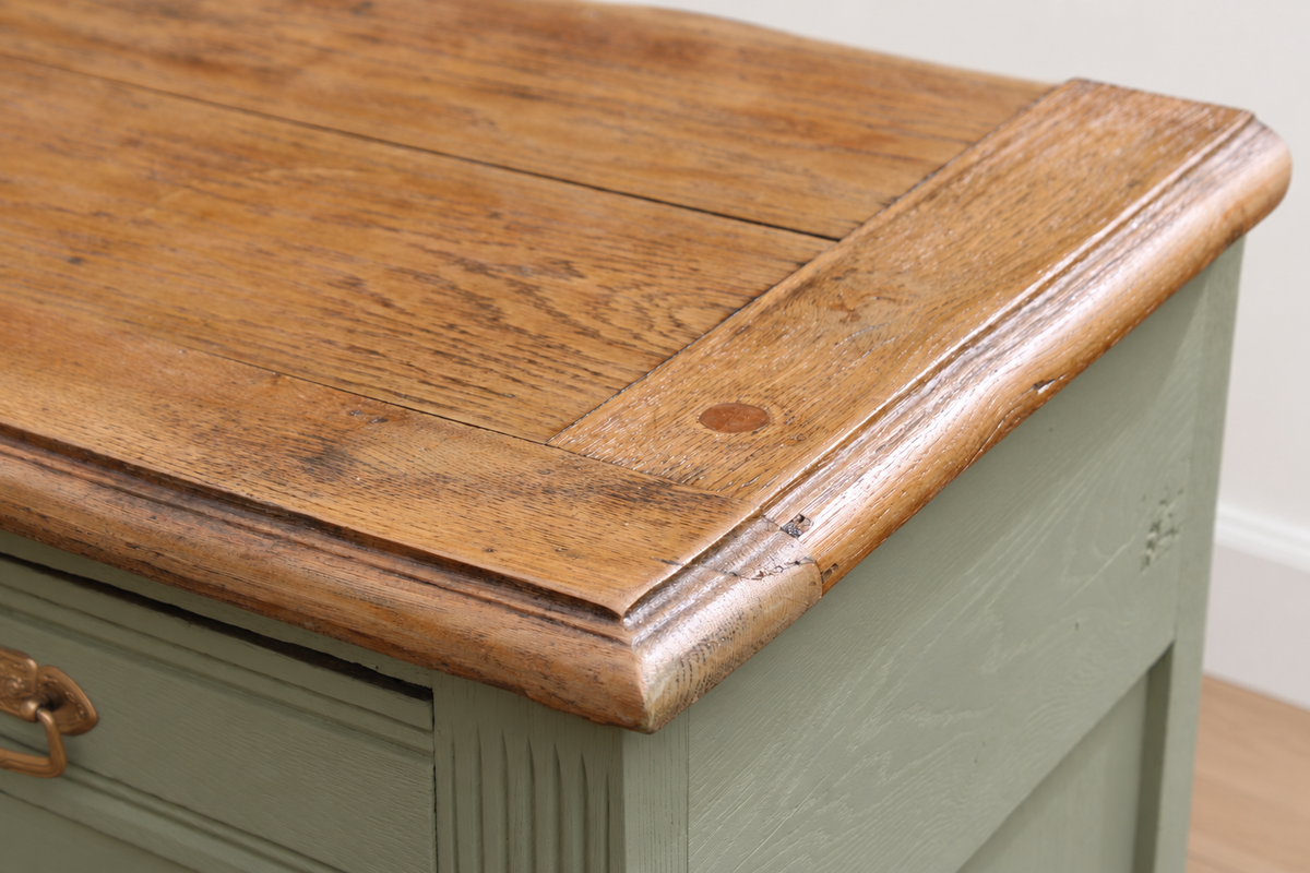Buffet ancien style Art déco en chêne massif – Vert Lézard Pure & Paint et bois naturel – 121 cm